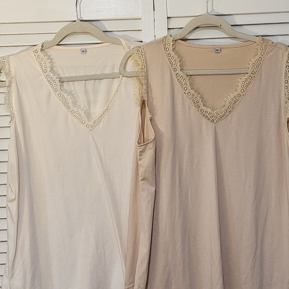 Elegant Lace Trim Tank Top Set - Cream and Tan
